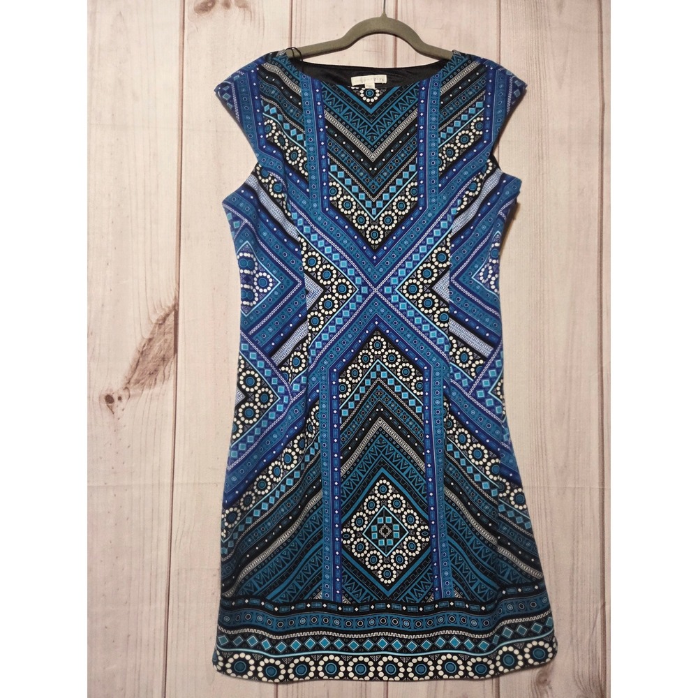 London Times Blue Geometric Print Sheath Dress Womens 16 Sleeveless Side Zip